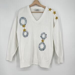 Vtg 80s Something More Sweater Embellished Medium White Gold Star USA Studded